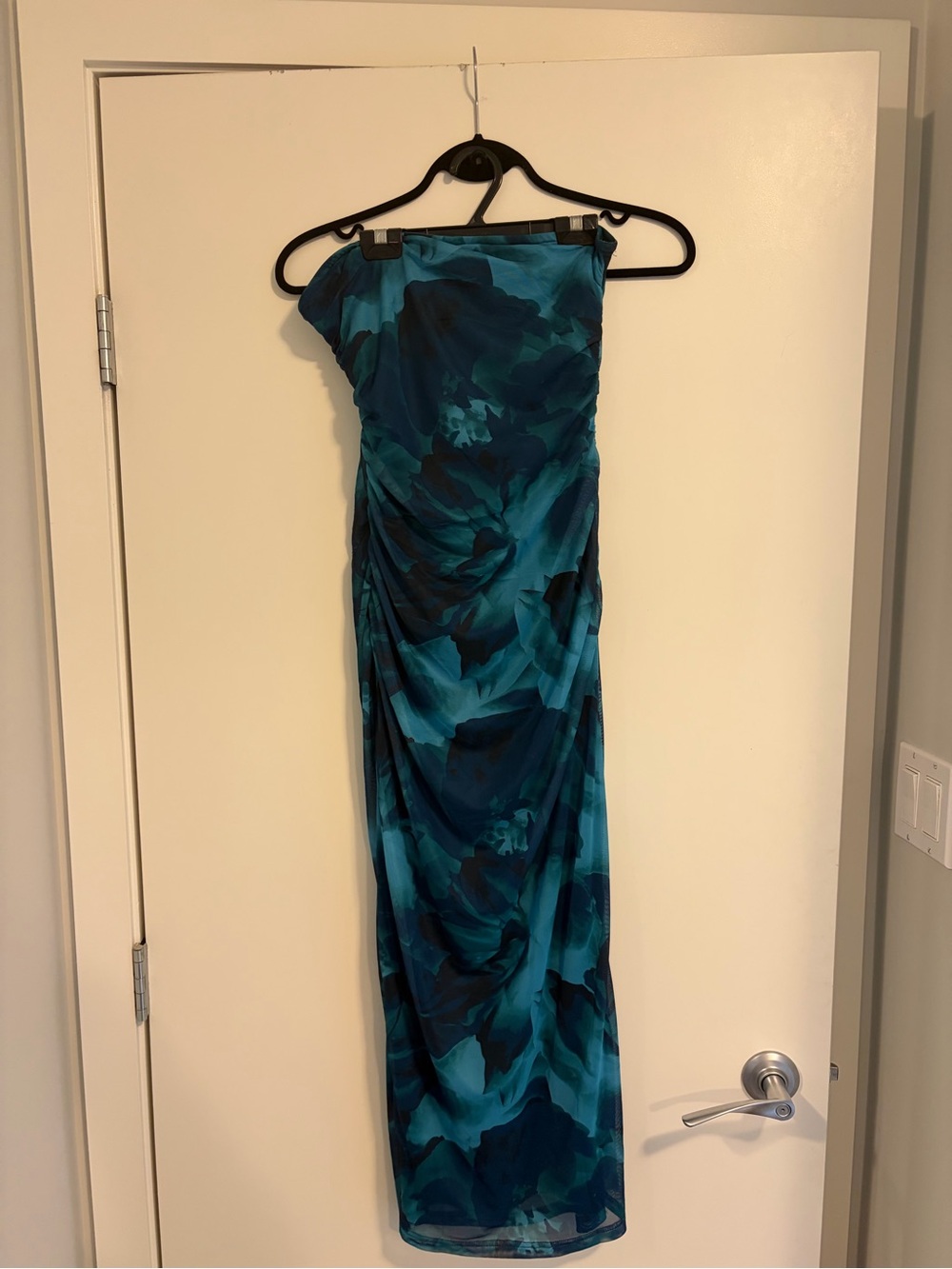 Strapless Teal Floral Evening Dress
